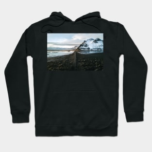 Black sand beach with mountain road in Iceland Hoodie